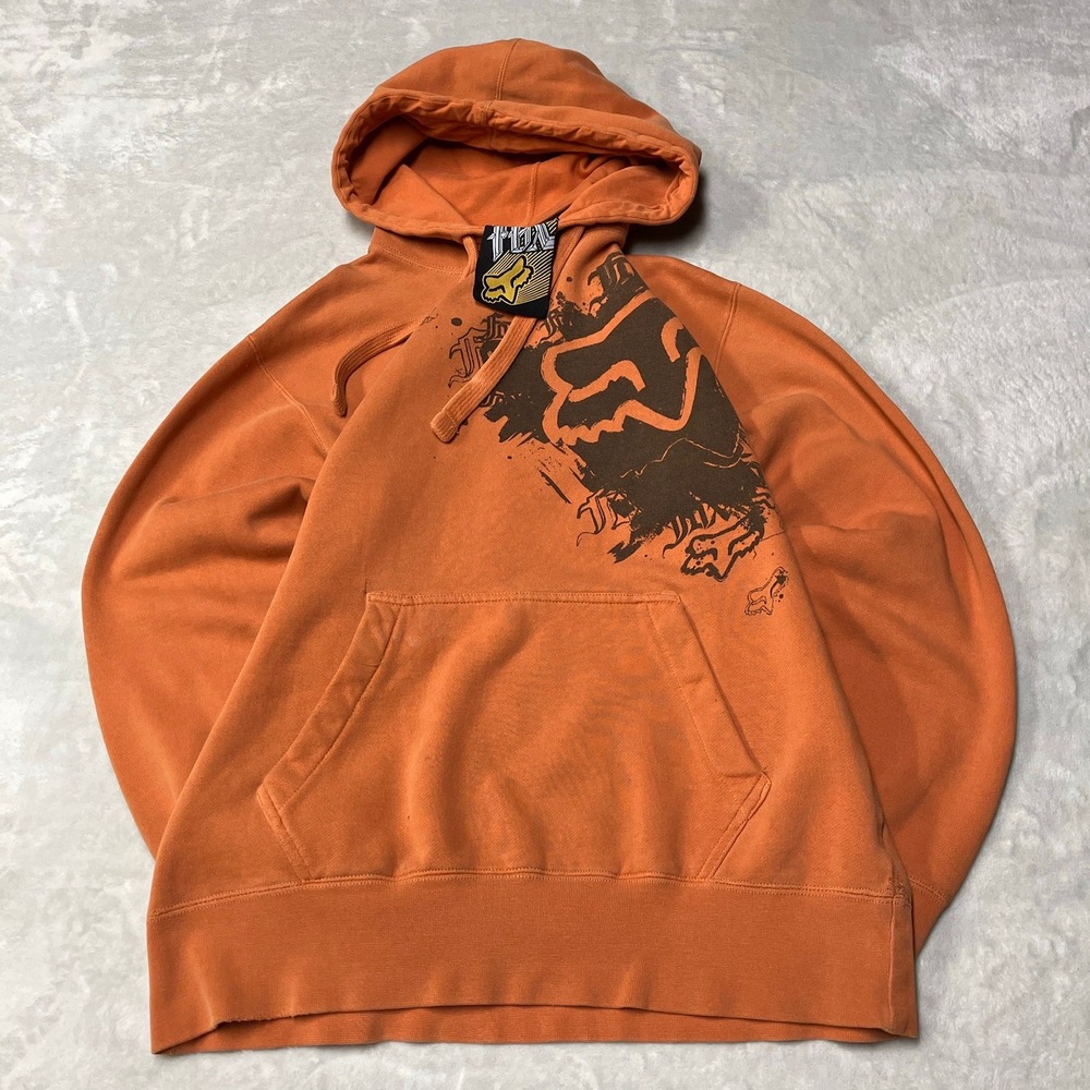 Vintage Y2K Fox Racing Hoodie Pullover Graphic Logo Orange Skater Mens Size M